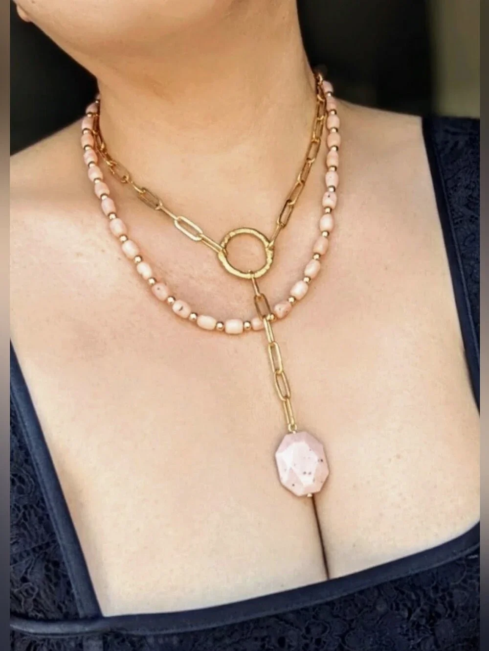 Natural Peruvian Pink Opal Beads & Pendant In Two Strand Paperclip Necklace